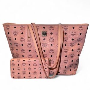 pink mcm visetos medium shopper leather tote bag